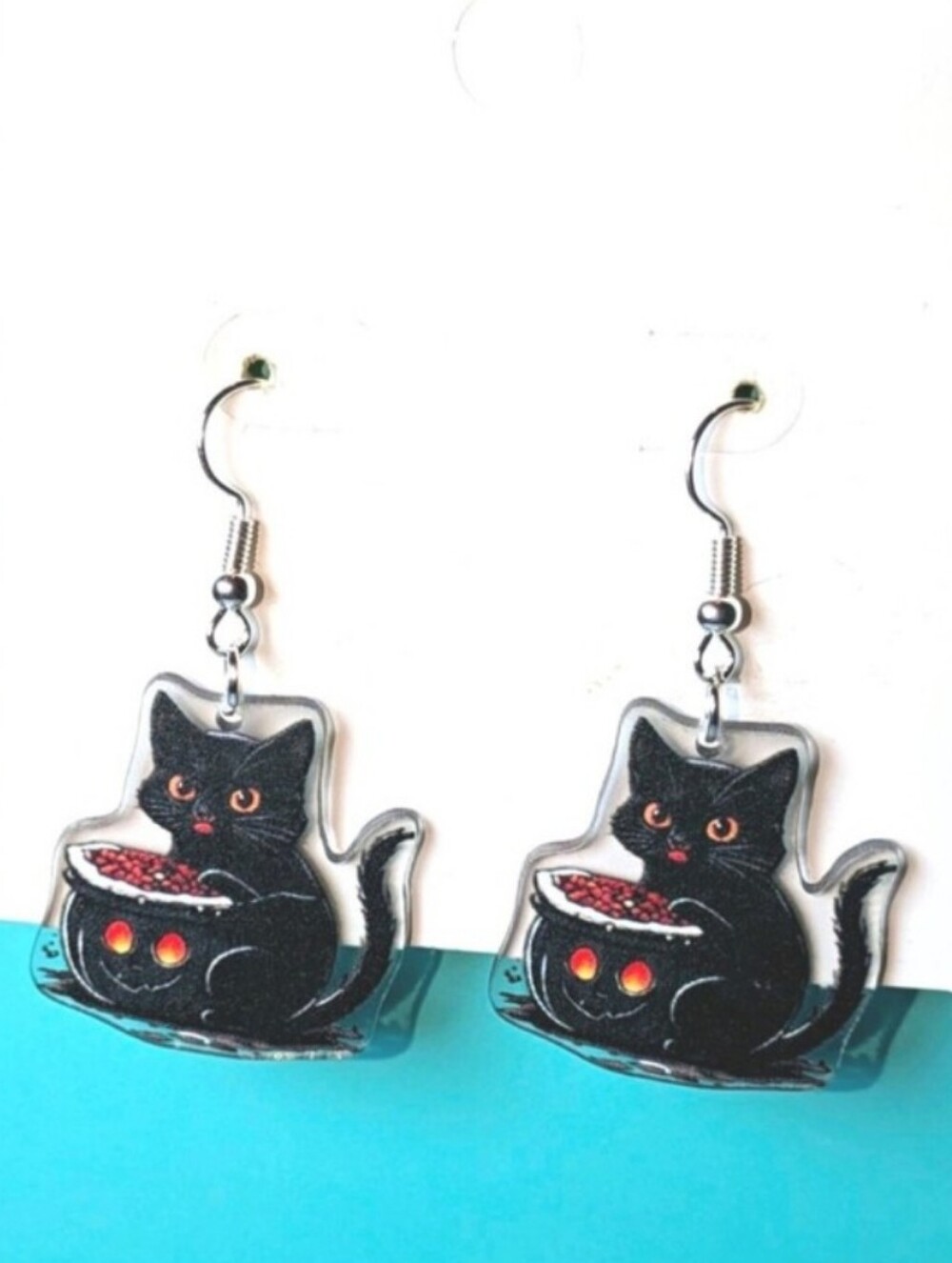 Black Cat Cauldron Dangle Earrings - Cute Halloween Jewelry